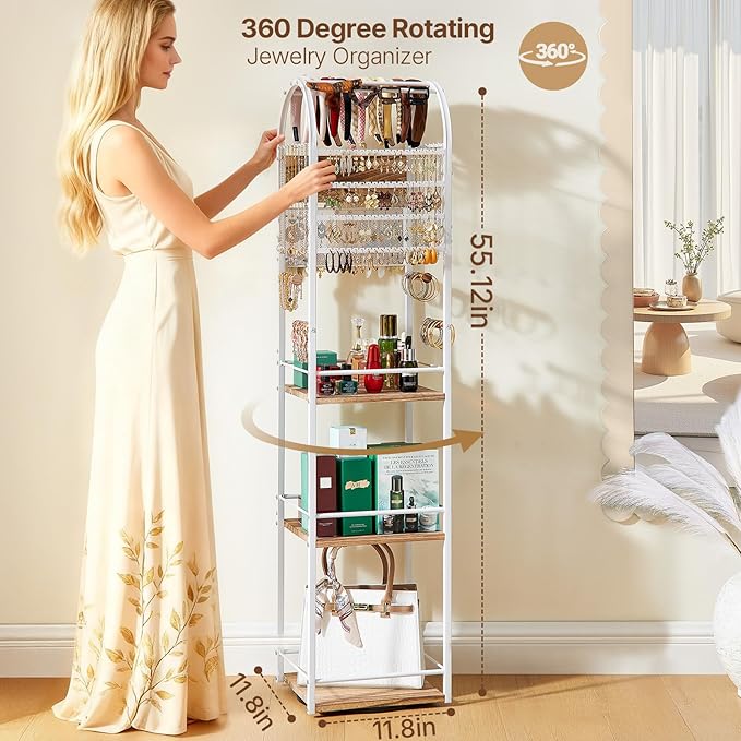 Jewelry Organizer Stand, 360° Rotating Floor Jewelry Holder with Earring Organizer Necklace Holder, 3 Floors Large Jewelry Stand Bracelet Ring Organizer, Women Jewelry Tree Organizer