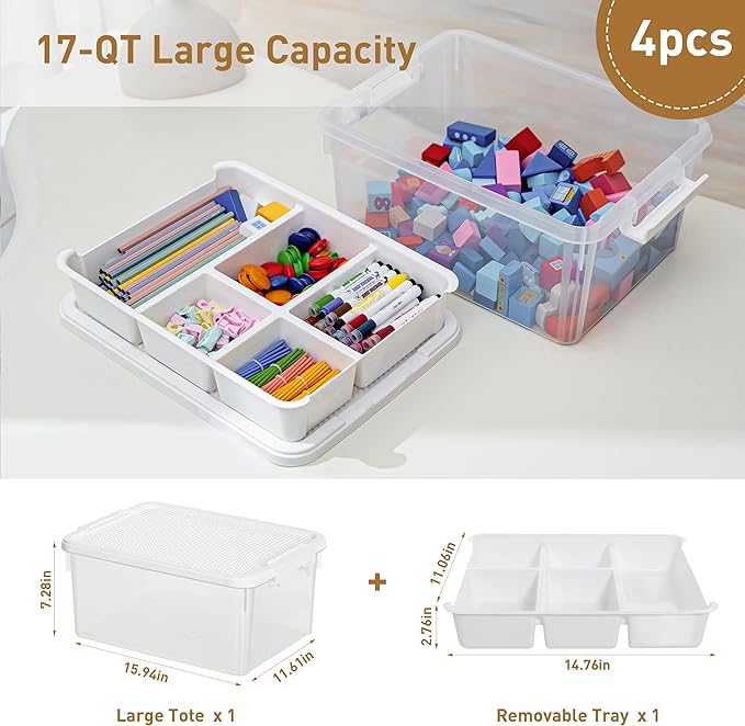 Citylife 17 QT Storage Bins with Building Baseplate Lid and Removable Tray Large Plastic Storage Bins Lego Organizers and Storage Bead, Tool, Sewing, 4 Packs