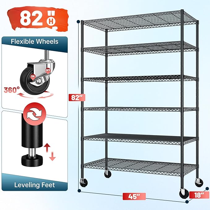 82" H X45 W X18 D Storage Shelves with Wheels, 6 Tier Wire Shelving Adjustable Metal Shelving Pantry Shelves Capacity 1200LBS for Garage Shelving, Pantry, Kitchen, Closet, Black,2P