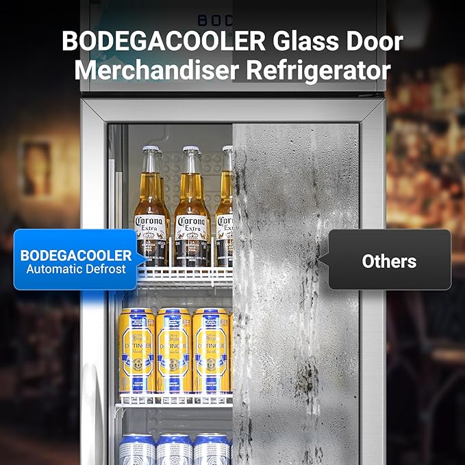 BODEGACOOLER Commercial Merchandiser Refrigerator, 9 Cu.Ft Glass Door Beverage Refrigerator, Upright Beverage Display Cooler with Soft LED Light, Adjustable Shelves, 4 Strong Castors(Stainless Steel)