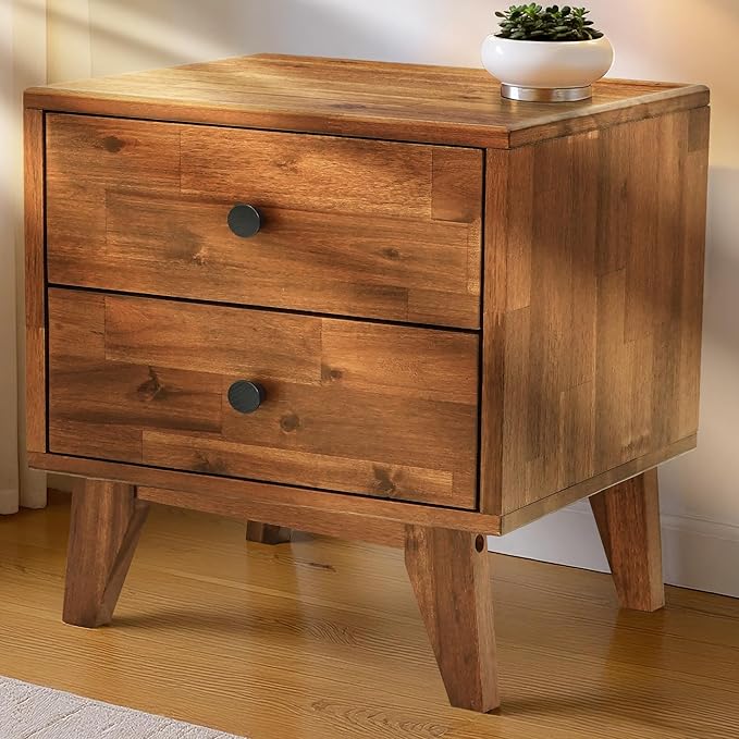 Acacia Silvia Nightstand with 2 Drawers, Solid Wood Bedside Table, Table with Storage Drawers for Bedroom, Bedside End Table with Drawer and Storage Space, Walnut