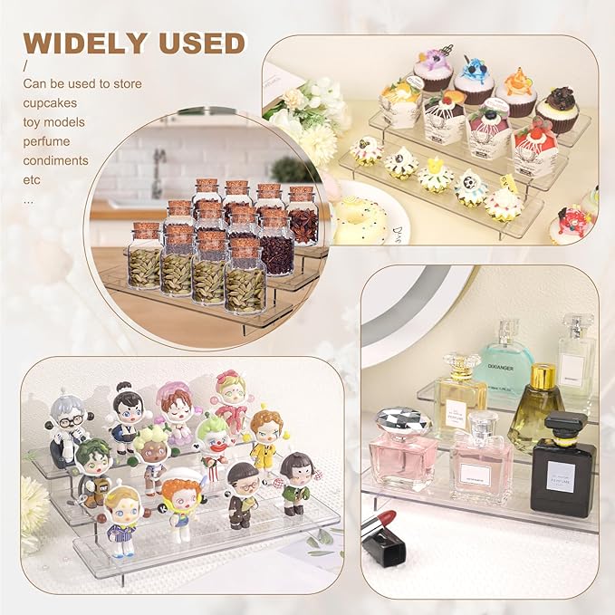 ULENDIS 2 Pack 3 Tier Acrylic Stands for Display, 12 inch Clear Display Stand Risers Shelf for Cupcakes Perfumes Figurines, Tabletop Cupcake Stand for Decorating & Organizing(11.8"x9.4"x3")