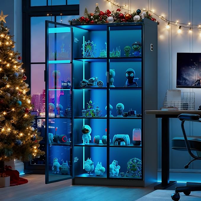 Lvifur 5 Tier Display Cabinet for Living Room, LED Bookcase with Human Body Induction Lights, 65” Tall Curio Cabinets with Adjustable Shelves for Office (Black)