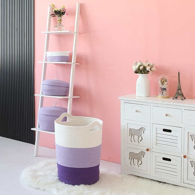 Sea Team Large Size Cotton Rope Woven Storage Basket with Handles, Laundry Hamper, Fabric Bucket, Drum, Clothes Toys Organizer for Kid's Room, 20 x 14 inches, Round Open Design, White & Purple
