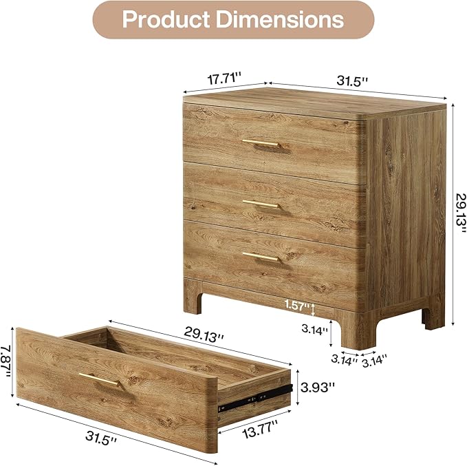 Tribesigns Oversized Nightstand with 3 Drawers, 31.5-Inch Wide Wood Farmhouse Night Stand with Storage and Gold Mental Handles for Bedroom, Brown (1)
