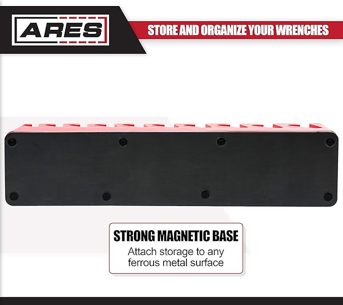 ARES 62008-10-Piece Red Magnetic Wrench Organizer - Sturdy Plastic Rack Stores up to 10 SAE and Metric Wrenches and Keeps Your Garage Organized