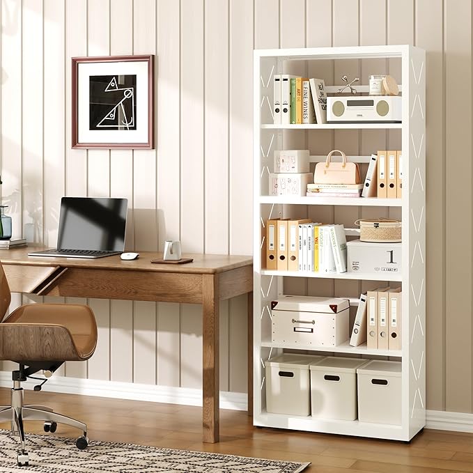 Industrial Bookshelf,5 Tier Bookcase,55" White Metal Tall Bookshelf with Adjustable Feet and Adjustable Shelves,Home Office Bookcase Shelf Storage Organizer for Living Room、Kitchen