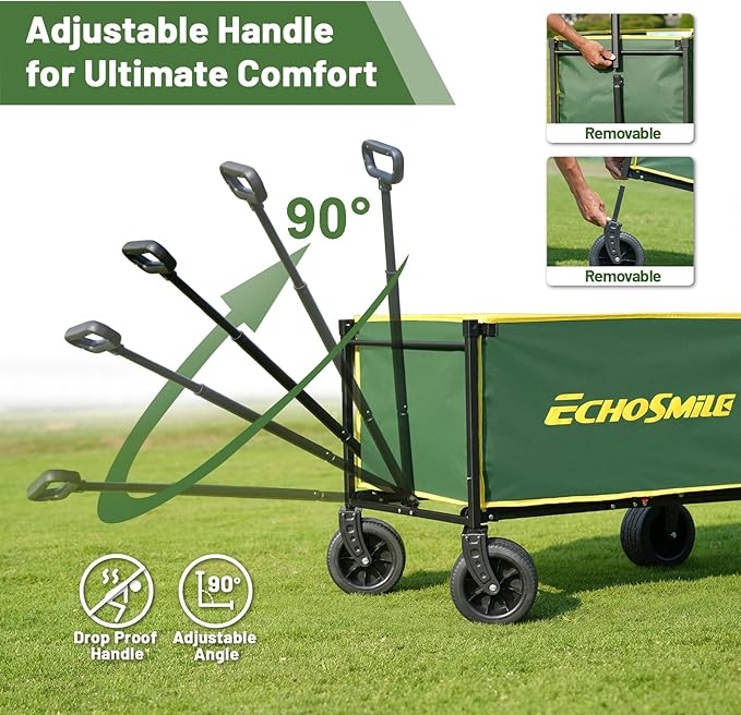 EchoSmile Collapsible Wagon Cart for Camping & Beach - Heavy Duty 400lbs Capacity All-Terrain Cart with Wide Wheels, Portable Folding Utility Wagon for Grocery, Garden, Sports,Green&Yellow