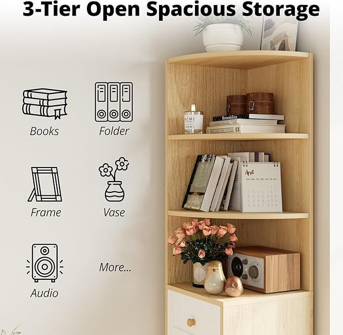 IRONCK Corner Bookshelf and Bookcase, 71" H Wooden Book Shelves 3 Tier with Drawers and Storage Cabinet for Living Room, Office, Bedroom, Oak and White