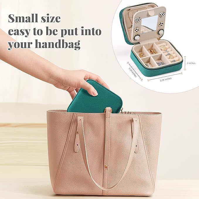 Dajasan Velvet Travel Jewelry Box, Mini Travel Jewelry Case, Small Portable Travel Jewelry Organizer with Mirror for Women Girls (Green)