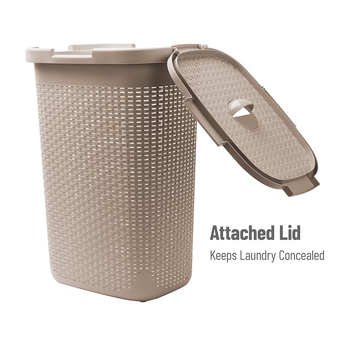 Mind Reader Slim Laundry Hamper with Lid, 60L Clothes Basket, Premium Wicker Design, Plastic, Tan