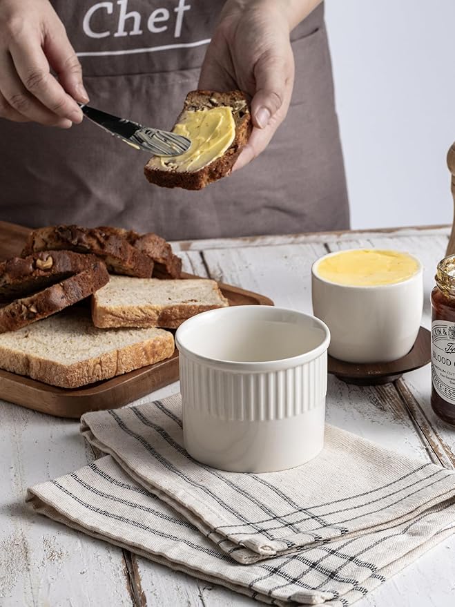 Ceramic Butter Crock, Butter Dish with Lid for Countertop, French Butter Keeper, Classic Stripe Pattern, White
