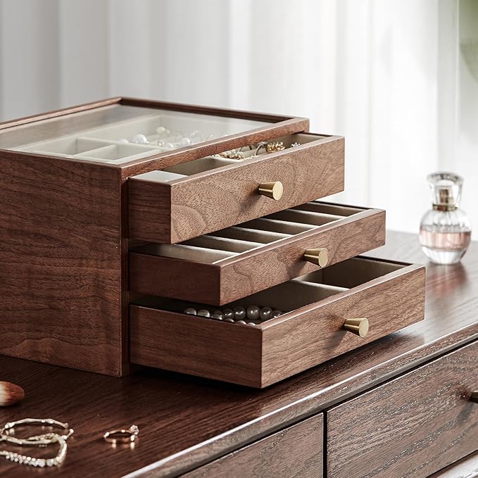 Black Walnut Wooden Jewelry Box Women large 3 Layer Drawer Organizer Box with Glass Lid for Necklaces, Watch, Necklace, Ring, Earring Storage - Christmas Gifts