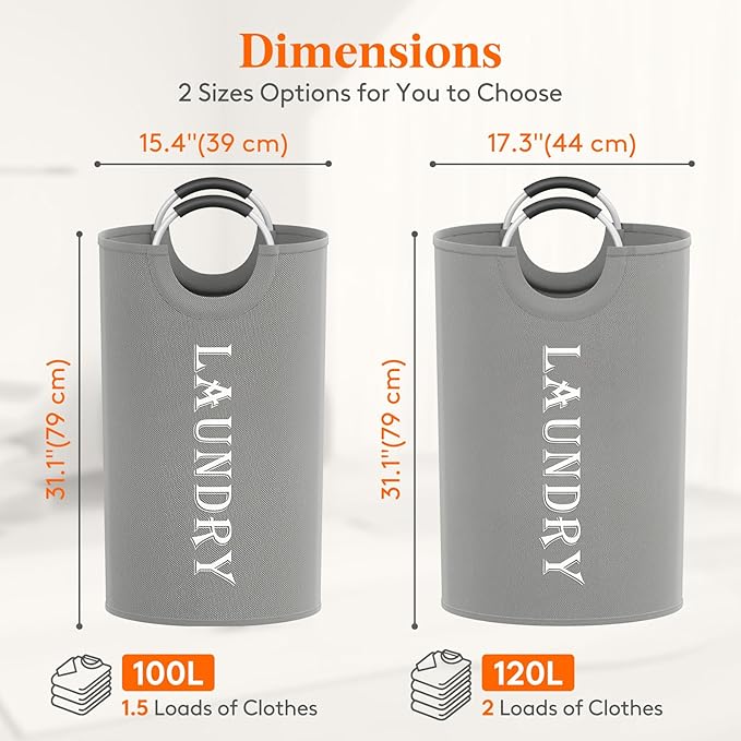 Lifewit 100L 2-Pack Large Laundry Basket, Collapsible Laundry Hamper with Aluminum Handles, Waterproof Freestanding Dirty Clothes Hampers for Laundry Room Bedroom Dorm Bathroom, Silver Grey