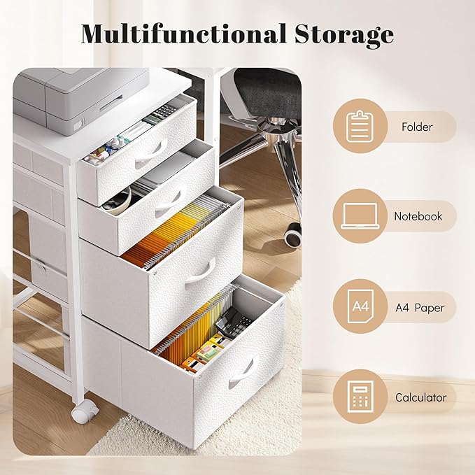 4 Drawers Mobile File Cabinet Vertical Filing Cabinet with Fabric Drawer Fits A4/Letter Size Printer Stand for Home Office，White