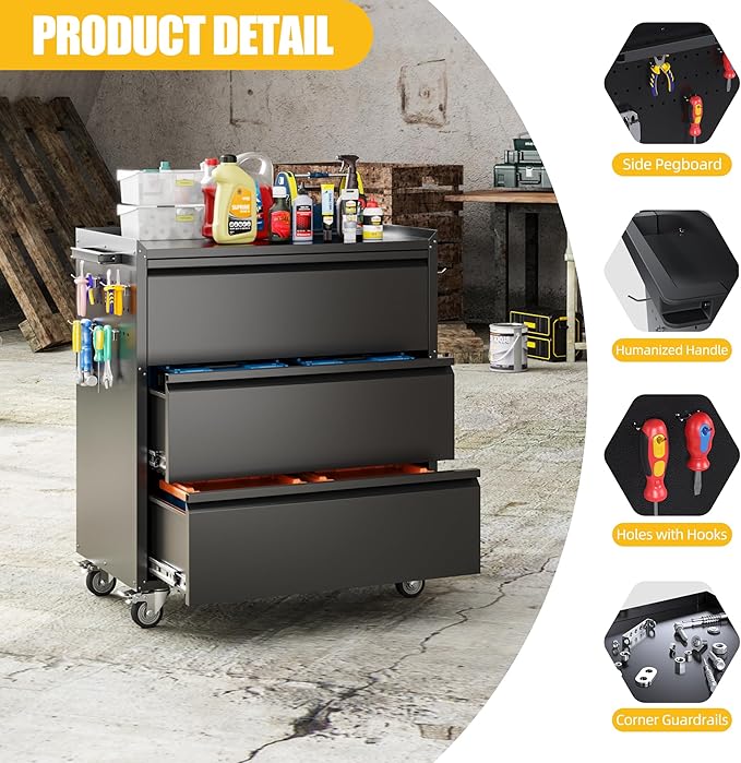 Aobabo Metal Storage Cabinet on Wheels, Black Tool Garage Cabinet with 3 Drawer, for Home Office, Assembly Required