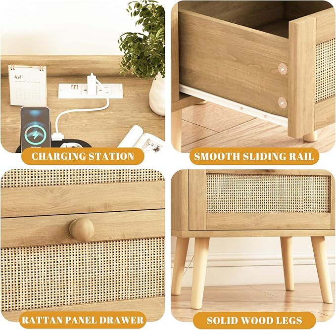 Rattan Nightstand with Charging Station Set of 2, Mid Century Modern Bedside Side Table with 2 Drawers, Boho End Table with Wood Legs for Bedroom Natural Night Stand for Living Room