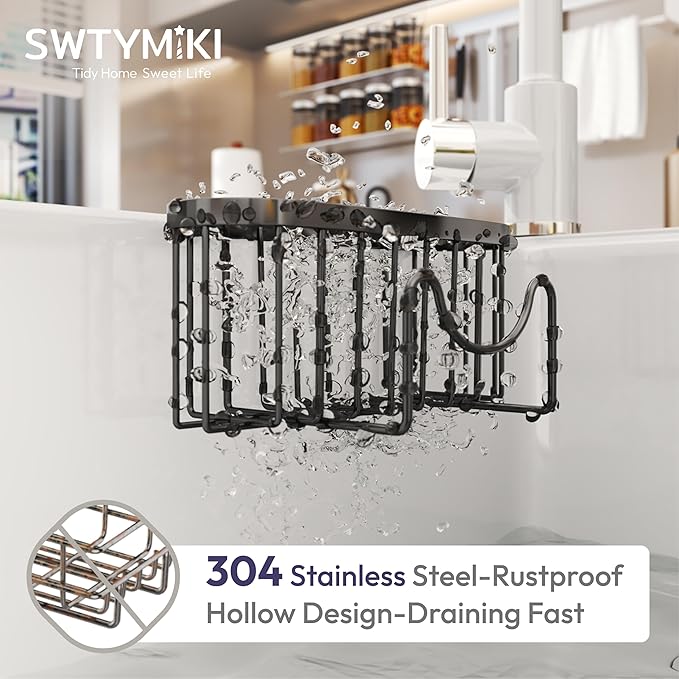 SWTYMIKI Sponge Holder for Kitchen Sink - Movable Kitchen Sink Caddy with M Shape Hook, Stainless Steel Hanging Sponges Caddy Organizer in Double Bowl Sinks Depth>3.15in, Middle divider<1.5in, Black