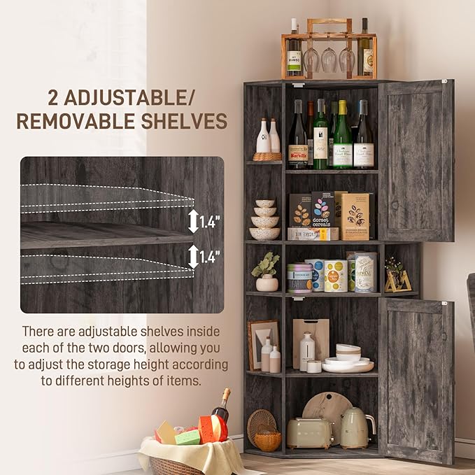 Farmhouse Corner Cabinet, Tall Corner Storage Cabinet with Barn Doors and Adjustable Shelves Wooden Display Bookshelf Pantry Cabinets Organizer Home Furniture for Bathroom, Living Room