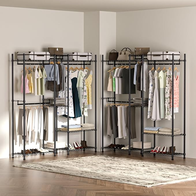 Garment Rack Heavy Duty Clothes Rack Adjustable Freestanding Metal Portable Wardrobe Closet Rack with Shelves for Hanging Clothes - 72" L x 14" W x 75" H, Black