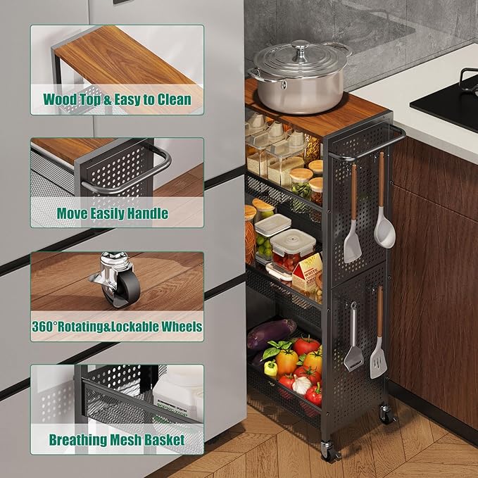 4-Tier Slim Storage Cart with Wheels,Small Mobile Organizer Shelf with Wooden Top & Metal Handle for Kitchen, Laundry Room, Bathroom, Office (Black, 9.1 inch)