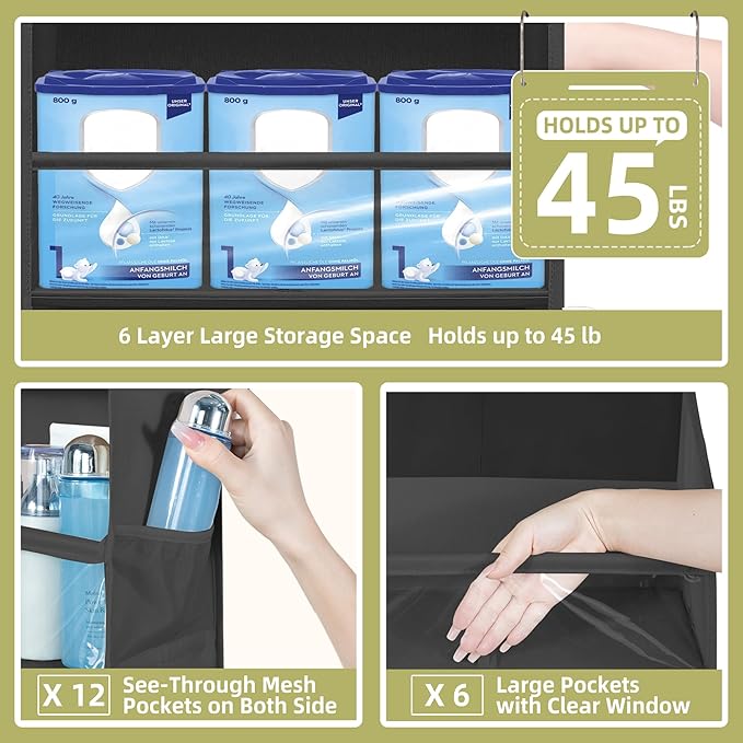 Over Door Organizer with 6 Extra Large Pockets 12 Side Pockets, 2-Pack Sturdy Closet Rack, Hanging Storage Organizer with Clear Window for Shoes, Diapers, Toys, Bedroom, Bathroom, Black