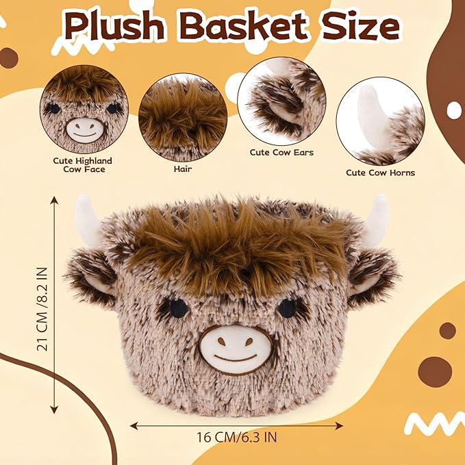 Highland Cow Plush Basket, Highland Cow Gift Basket for Nursery, Soft Winter Small Baby Blanket 0rganizer Storage, Cute Baby Blanket Diapers Candy Towel Decor Storage Bins, 8.2×6.3 inches