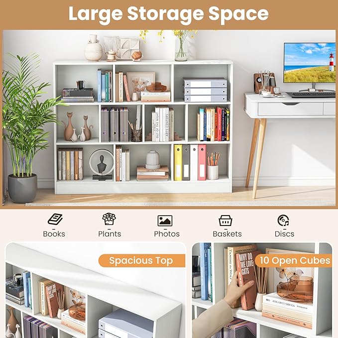 Giantex 10 Cube Bookcase, 4-Tier Freestanding Bookshelf w/ 10 Open Compartments, 2 Anti-Tipping Kits, Modern Display Cabinet, 41" Wood Cubby Storage Organizer for Living Room, Bedroom, White