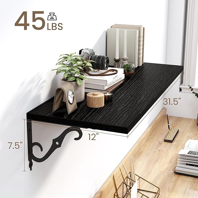 Deep Floating Shelves for Wall, 32"W x 12"D Wall Shelves, 12 Inch Deep Floating Shelf with Bracket, 32 Inch Floating Shelves Set of 2, Rustic Shelves for Living Room, Bathroom and Kitchen, Black