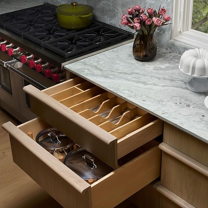 Rev-A-Shelf Trim-to-Fit Silverware Drawer Organizer For Kitchen Utensils, Cutlery Cabinet Storage Divider Insert, 33" x 22", Maple Wood, 4WUTCT-36-1
