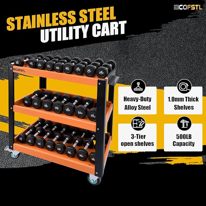 Stainless Steel Tool Cart, Heavy-Duty 3-Tier Alloy Steel Utility Cart with Screwdriver Holder & 4 Wheels (2 Locking Casters), 500LB Capacity for Garage, Workshop Tool Storage