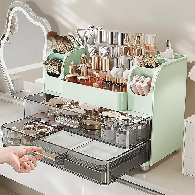 Makeup Organizer with Drawers for Vanity,Bathroom Countertop Organizer with Brushes Holder,Skincare Storage Organizer,Perfect Cosmetic Display Case for Skincare,Lipstick and Beauty Essential (Green)
