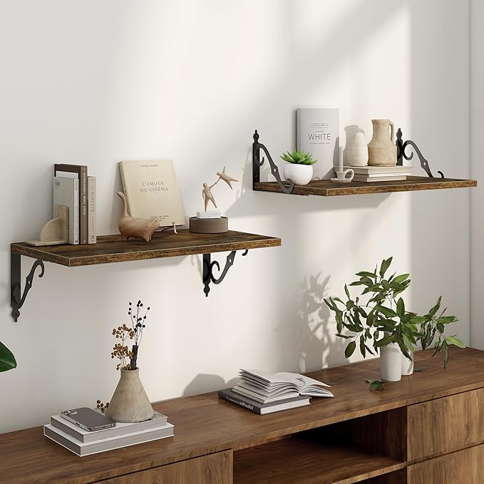 Floating Shelves for Wall, 24"W x 12"D Wall Shelves, 12 Inch Deep Floating Shelf with Bracket, 24 Inch Floating Shelves for Living Room and Bathroom, Display & Storage Shelves, Rustic Brown, Set of 2
