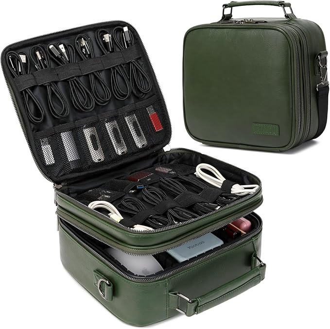 KYALOU Electronics Travel Organizer, Large Electronic Accessories Cable Case with Adjustable Dividers, Waterproof Tech Storage Bag Gifts with Double Layers for Cord, Charger, Power Bank - Olive Green