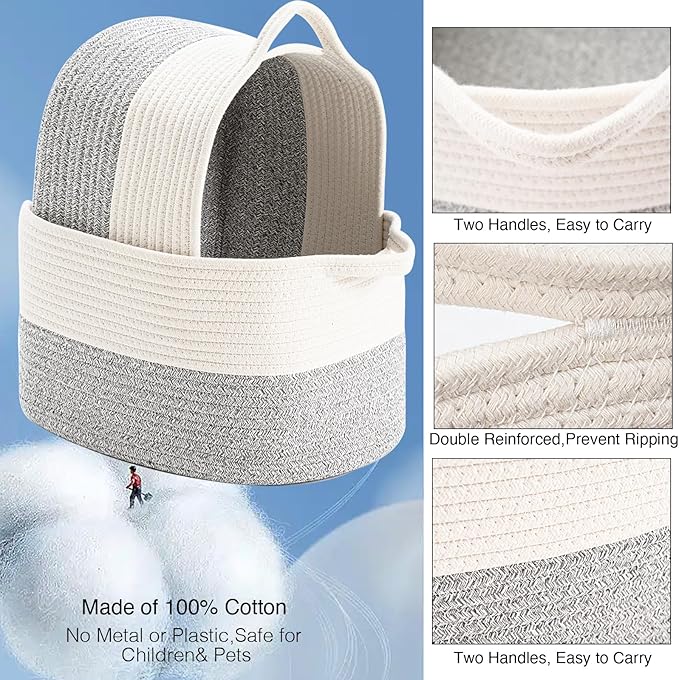 DUHEL Cotton Rope Woven Storage Basket, Used for Baby Hamper Toy Organizer, Gift Baskets Empty,Kids Laundry Basket,Baby Blanket Basket. Size 15x10x8.7 Inches. (White&Grey-3PCS)