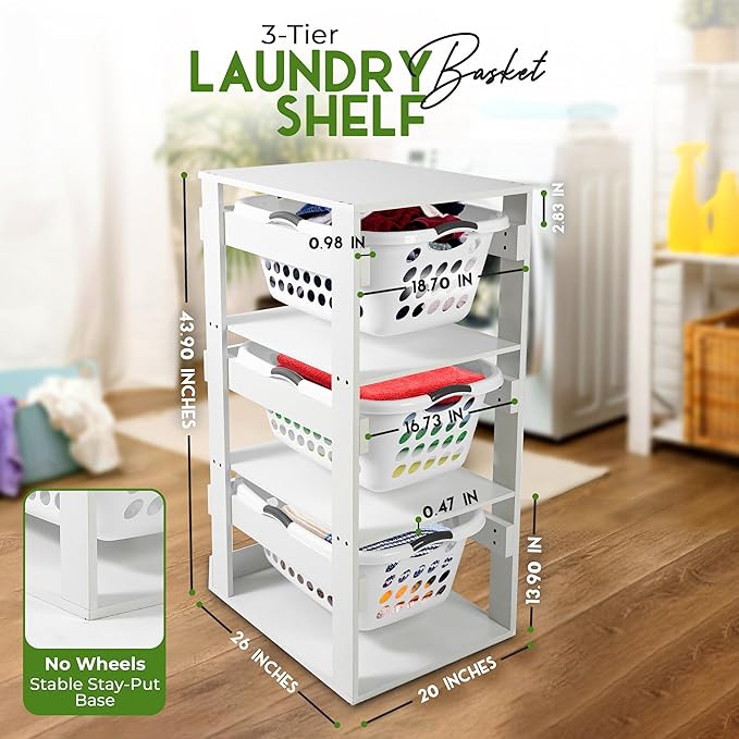 Laundry Basket Holder Shelf – Stackable Engineered Wood Laundry Tower, Tiered Hamper Organizer for Bathroom, Bedroom, Closet (White, 3 Tier)