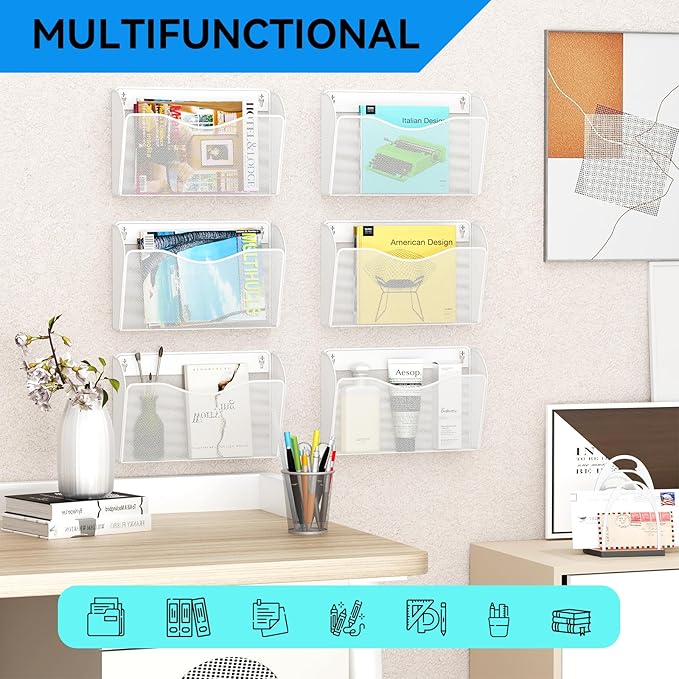 Single Pocket Wall File Holder, Mesh Hanging File Folder Paper Organizer, Vertical Wall Mounted Mail Basket, Storage Organization Magazine Rack for Office, Home and School, White