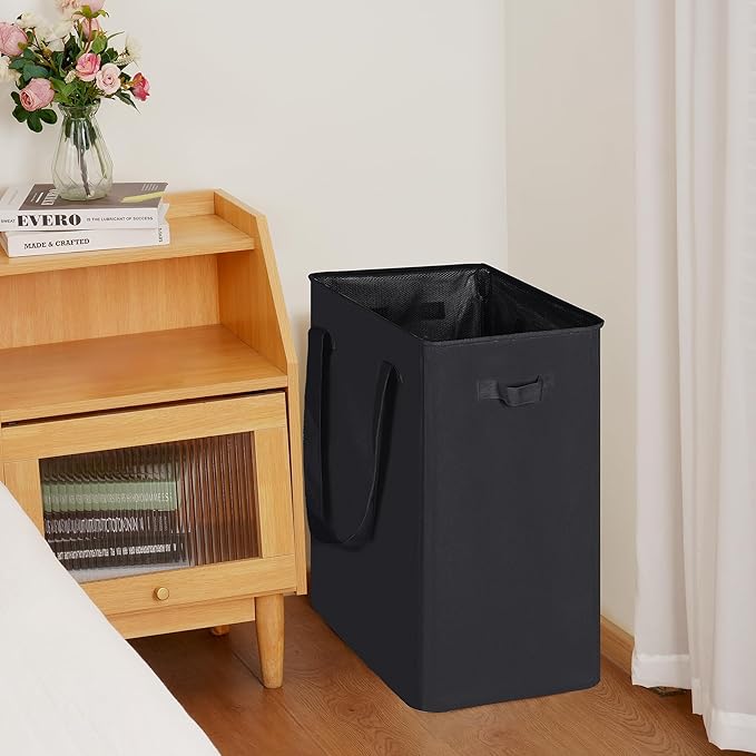 efluky Slim Laundry Basket, Narrow Laundry Hamper with Handles, Collapsible Dirty Clothes Hamper, Tall Laundry Bin for Laundry Room, Dorm and Bedroom, 90L Black