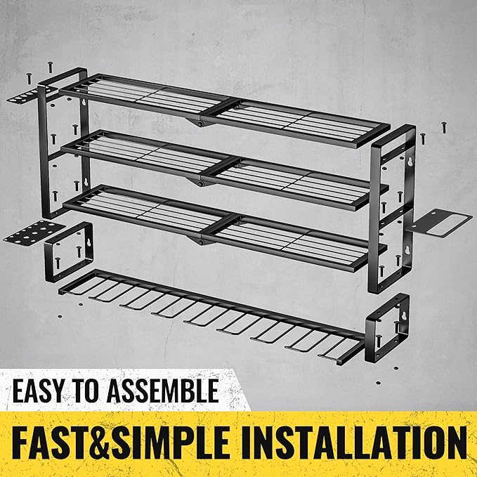 Large Power Tool Organizer Wall Mount, Heavy Duty Metal Tool Storage Rack Loads 400lbs, 8 Cordless Drill Holder 4 Layer, Battery Tools Hanger with Charging Station Shelf for Garage Organization