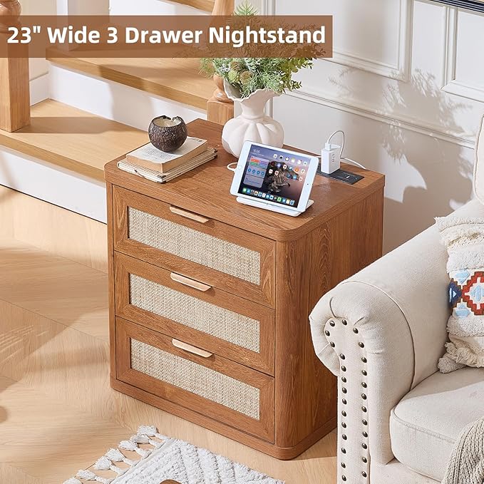 LEYAOYAO Rattan Night Stand Set of 2 with Charger Station, 23" Large 3 Drawer Boho Nightstand, Tea Brown Bedside Table Storage Cabinet, Bed Side End Tables for Bedroom, Living Room, Hallway