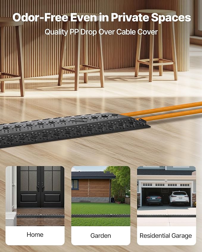 VEVOR 1 Pack Drop Over Cable Cover, 2 Channel Heavy Duty Cable Hose Protector Ramp, 38.3'' Floor Cord Cover, 17,500 lbs/Axle Load Capacity, for Traffic Areas, Indoor, Outdoor, Home, Office, Warehouse