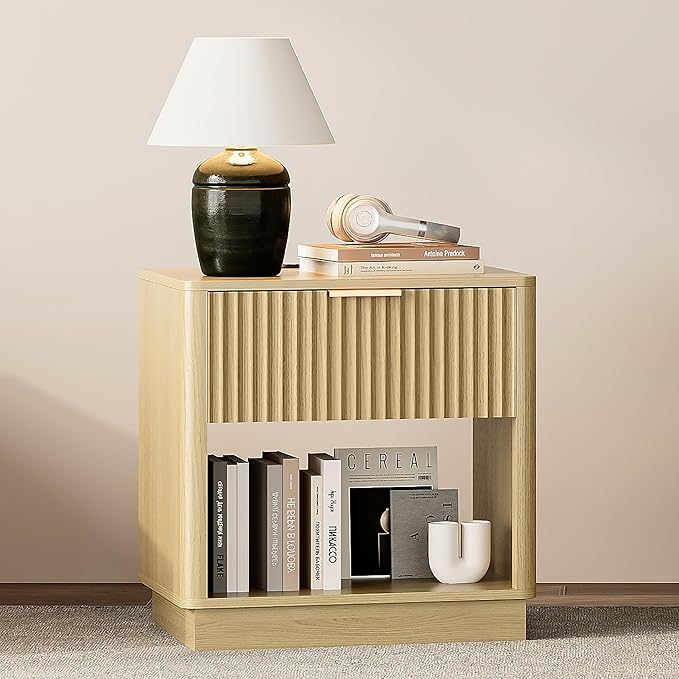 Fluted Nightstand with Charging Station Modern Bedside Table with Drawer and Open Shelf Mid Century End Table with Storage for Bedroom Living Room Sofa Office