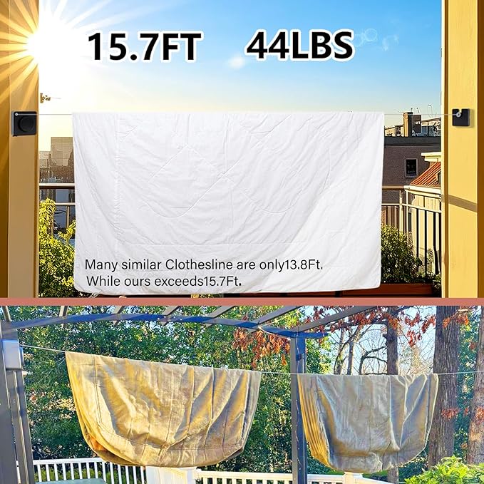 15.7Ft Retractable Clothesline Indoor an Anti-sag Retractable Clothesline Outdoor,Laundry Line Wall Mounted Stainless Steel Wire Laundry, with 12 Clip(Black)