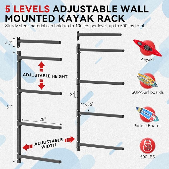Kayak Storage Rack Wall Mount Adjustable 5 Levels Kayak Rack Wall Hanger Holder for Paddle Boards Surfboard Canoe Kayak Paddle Holder for Garage Indoor Outdoor