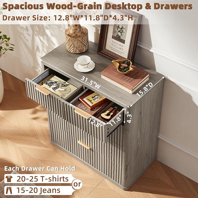 LEYAOYAO Fluted 5 Drawers Dresser for Bedroom Set of 2, 34" Tall Modern Chest of Drawers with Metal Handle, Curved Profile Design,Grey Wood Drawer Organizer for Bedroom, Living Room, Hallway