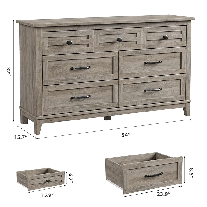 GarveeHome 7 Dresser for Bedroom, 54 in Wide Drawer Dresser with Storage Freestanding, Wooden Closet Storage Chest for Living Room, Bedroom, Entryway, Ash Grey