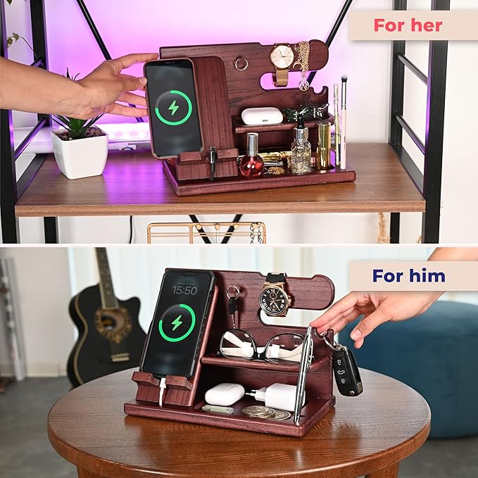 TESLYAR Wood Phone Docking Station for Men - Desk or Nightstand Organizer - Birthday Gifts for Husband, Dad - Anniversary Idea from Wife - Key Holder, Stand Wallet, Watch & Essentials (Mahogany)