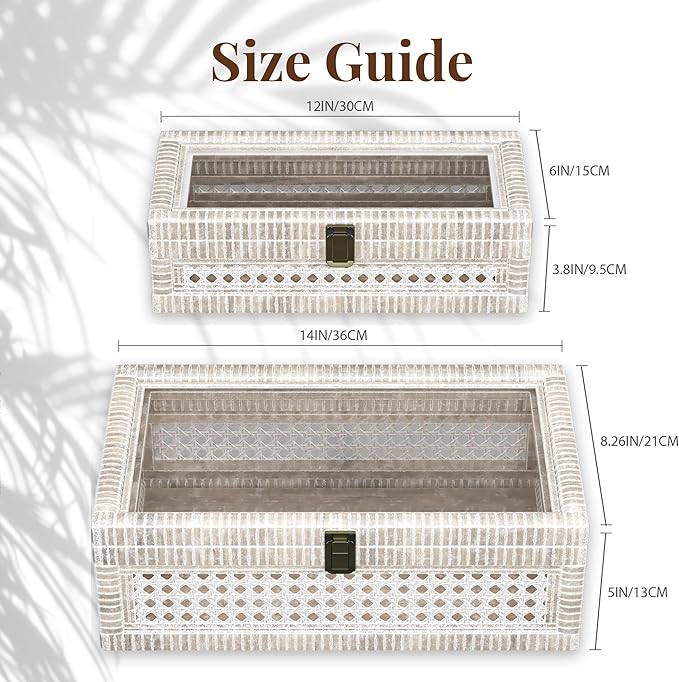 Rattan Decorative Box,Boho Display Boxes with Lids,Set of 2 Rectangular Wicker Storage Decoration,Natural Woven Cane Bins for Home Decor for Rustic Farmhouse(White)