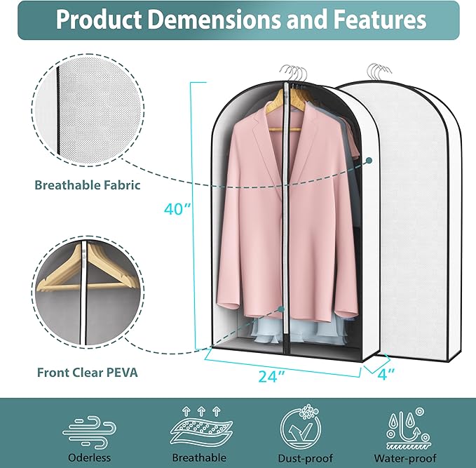 40” Garment Bags for Hanging Clothes 4” Gusseted - with Clear Window, Breathable Fabric, Metal Zipper, Suit Coat Dress Protector for Clothes Closet storage, Season Off, Moving, 5 Pack