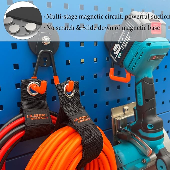 ULIBERMAGNET Heavy Duty Large Garage Magnet Hooks, 3 Pack Strong Storage Utility Magnetic Hooks with Anti-Slip Coating for Pegboard,Garage Shelve Hanging (Orange)